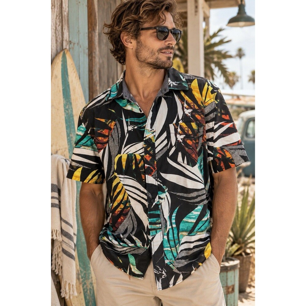 Vance Classic Fit tropical Hawaiian Button-Down shirt, Black Surf Skate L